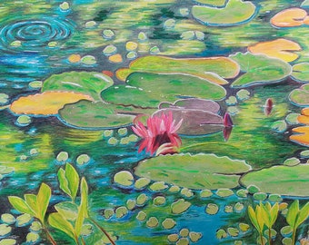 A4 Portmeirion Village Gardens Pond - Acrylics and Coloured Pencils on Acrylic Paper - Nature - Lily Pads - Flower