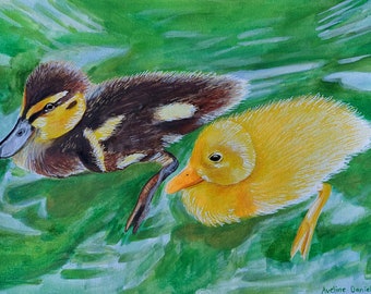 A4 Two Ducklings - Original Watercolour Painting on Watercolour Paper - Nature - Animals - Ducks - Wildlife