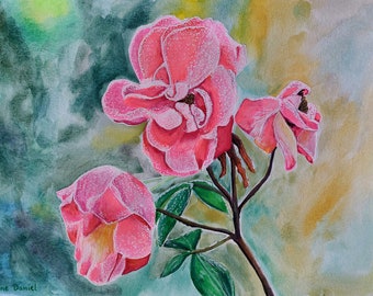 A4 China Rose with Frost - Original Watercolour Painting on Watercolour Paper - Flowers - Floral Art - Nature - Plants