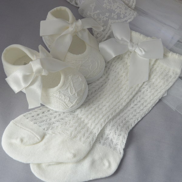 Baby ivory socks for special occasions, baptism bow socks, christening baby socks