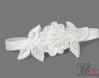 Baby flower hair band with sequins for baptism, christening, off white lace and pearls flower headband