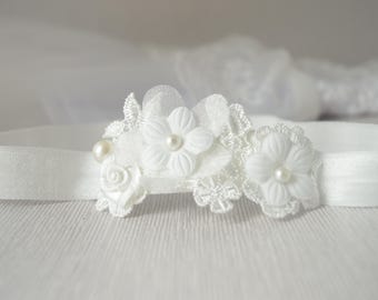 Baby flower hair band for baptism, christening, off white lace and pearls headband for flower girls, new baby headband