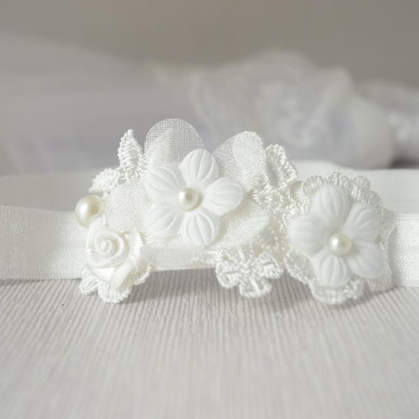 Baby flower hair band for baptism, christening, off white lace and pearls headband for flower girls, new baby headband