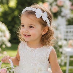 May include: A white headband featuring a satin bow and small pearl-like embellishments, worn with a sleeveless ivory dress that has a lace bodice and a waistline accented with a fabric flower. The dress has a full skirt and a smooth waistband.