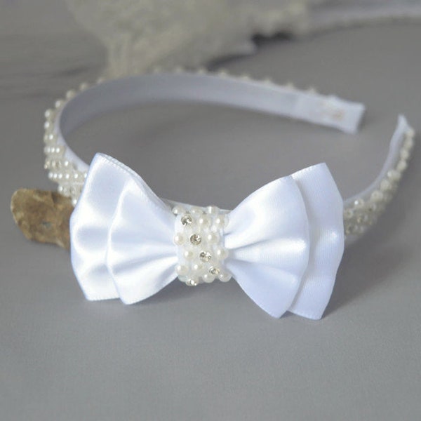 First holly communion off white pearl headband with silver beads wedding headpiece for flower girl, Alice band for baptism, diamante bow