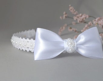 Baby pure white bow hair band for baptism, christening, lace and pearl flowers headband for special occasion, flower girl tiara