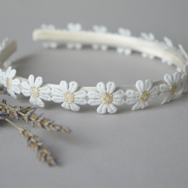 Baby lace tiara Alice Band for baptism, first holly communion off white daisy headband wedding headpiece for flower girls
