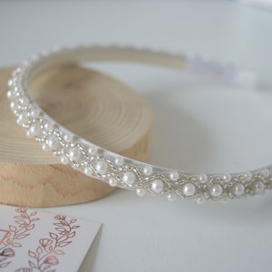 First holly communion off white pearl headband with silver beads wedding headpiece for flower girl, Alice band for baptism