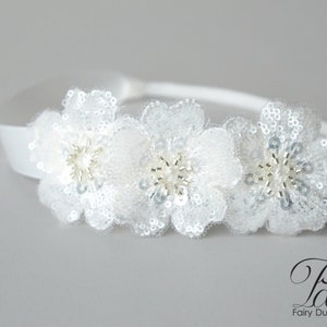 Baby hair band for baptism, christening, sequin lace flowers in off white headband, newborn flower girl headpiece for wedding