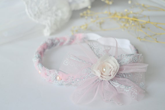 Baby tiara for wedding christening ivory pearl braided headband UK Handcrafted