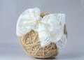 Baptism headband for baby girl, off white  lace bow on lace wide elastic headband for christening, flower girl large bow