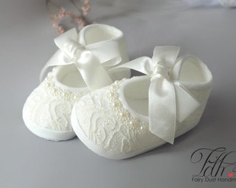 Baby Shoes for Christening, Baptism Shoes With Pearl Bow, Wedding