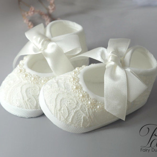 Baby shoes for christening, baptism shoes with pearl bow, wedding baby ivory booties, newborn cot tie up ballerina shoes