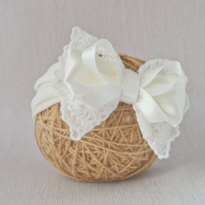 Ivory Baby bow hair band for baptism, christening, wedding large baby bow head wrap, vintage lace bow on wide elastic