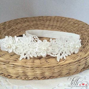 Baby lace tiara, hair band for baptism, christening, beige, off white lace and pearl headband, wedding headpiece for flower girl, newborn