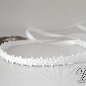 Baby tie back hair band, lace tiara headband for baptism, christening, wedding head piece for flower girls