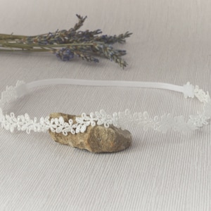 Baby tiara hair band for baptism, christening, lace and pearls white headband, baby tiara headband on skinny elastic