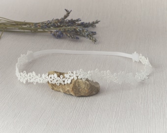 Baby tiara hair band for baptism, christening, lace and pearls white headband, baby tiara headband on skinny elastic