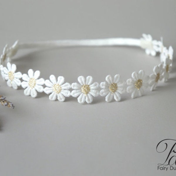 Baby tiara hair band for baptism, christening lace off white and golden daisy flowers skinny elastic headband or tie back style