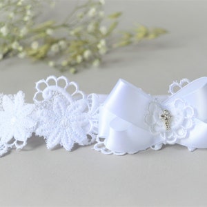 Baby white bow with Diamante Cross sequin lace hairband for Christening Handmade 