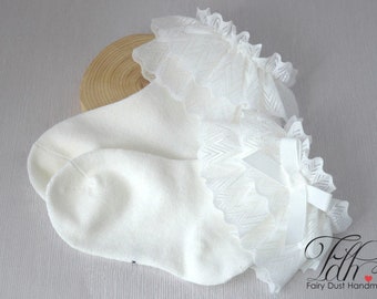 Baby ivory socks for special occasions, baptism socks with lace and bow, christening newborn socks ruffled lace baby shower gift idea