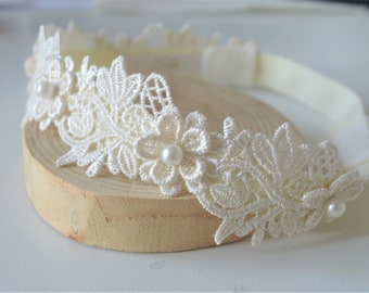 Baby lace tiara, hair band for baptism, christening, beige lace and pearl headband, wedding headpiece for flower girl, newborns