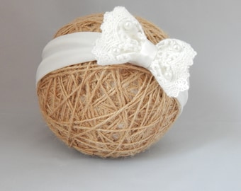 Newborn headband, new baby bow for christening wedding ivory jersey headband, wide elastic hair band, crocheted lace with pearls UK handmade