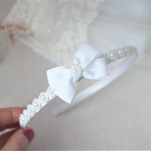 Flower girl Alice band, baptism, first holly communion pure white bow headband, pearl wedding headpiece for girl, little bow hair band