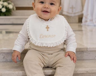 Baby boy bib with golden cross for baptism christening personalised bib, cotton ivory, off white bib for special occasions, bib with name