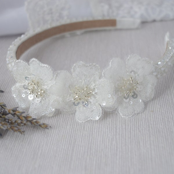 Alice band for baptism, first holly communion white diamantes headband with sequin flowers, wedding headpiece for flower girl, wedding crown