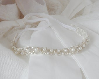 Baby rhinestone tiara, hair band for baptism, christening, lace and pearl off white headband for special occasion, baby girl tiara,
