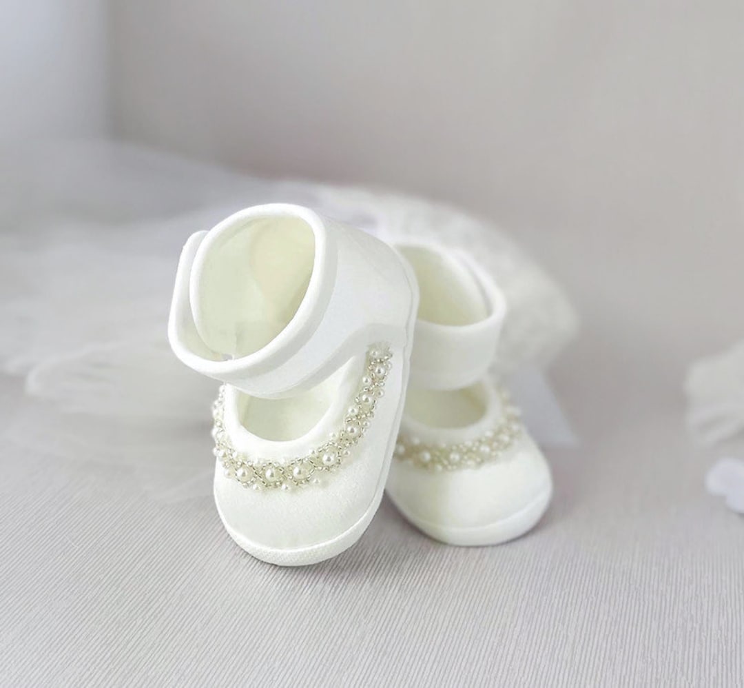 Ivory Satin Baby Shoes for Christening, Rhinestone Christening Booties ...