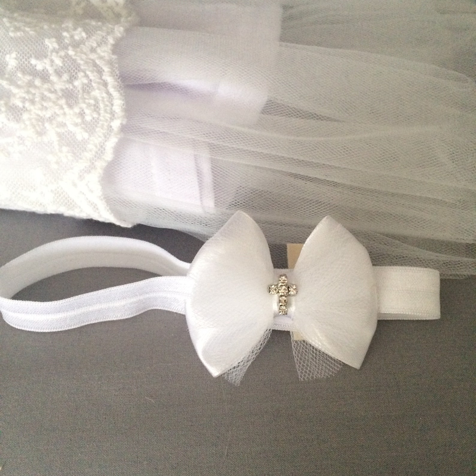 White baby bow for christening baptism satin and tulle bow Etsy