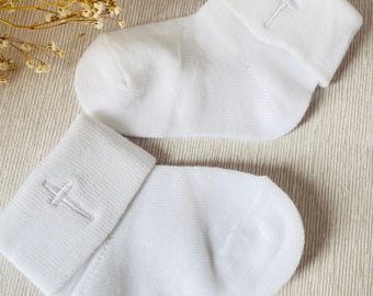 Baby white socks for baptism, christening lace socks, newborn little socks for girl, socks with white cross embroidery for boy