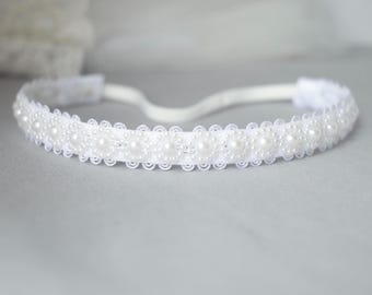 Baby white pearl hair band for baptism, christening, lace and pearl flowers white headband for special occasion, flower girl, prom headpiece