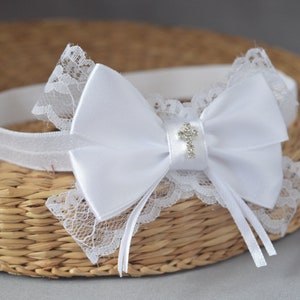 White baby bow for christening, baptism satin and lace classic bow, new baby gift, keepsake, bow for toddler, handmade