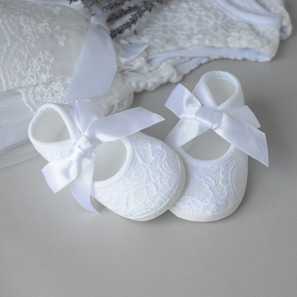 Baby lace shoes white booties for christening, baptism shoes with bow, wedding, newborn cot shoes soft sole baby ballerina shoes