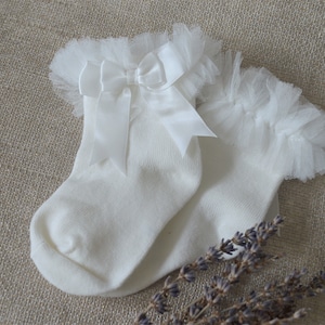 Baby off white socks for special occasions, baptism socks with satin bow, christening newborn socks with tulle