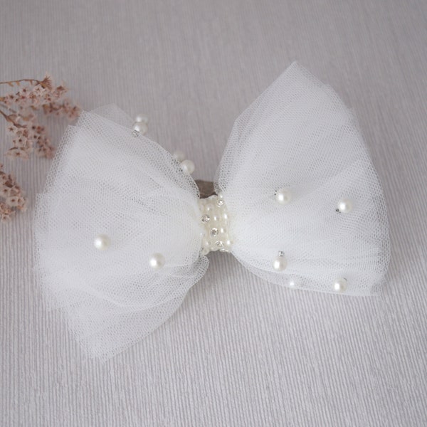 White baby bow, flower girl tulle bow hair clip for baptism, wedding, pearl birthday bow with diamantes, large tulle bow hair clip