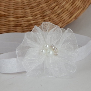 Christening ivory, white baby headband, organza flower baby's hair band with pearls and rhinestones