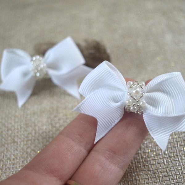 Baptism hair clips for baby girl, white diamante bow with pearls for christening, flower girl wedding baby bow small hair clips set