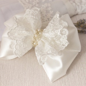 Baptism headband for baby girl, off white lace bow with pearls for christening, flower girl large satin bow hair clip