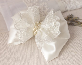 Baptism headband for baby girl, off white lace bow with pearls for christening, flower girl large satin bow hair clip