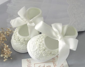 Baby shoes for christening, baptism shoes with pearl bow, wedding baby diamante booties, newborn cot shoes soft sole baby ballerina shoes