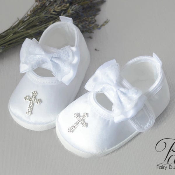 Baby satin shoes white booties for christening, baptism bow shoes with cross, newborn cot shoes soft sole baby ballerina shoes