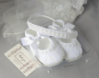 New baby gift newborn baby shoes and headband set, baby shower, christening, baptism, wedding pearl hair band for little flower girl