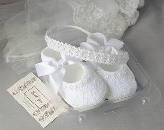 Nouveau cadeau bébé chaussons et serre-tête pour baby shower, baptême, baptême, mariage, serre-tête en perles pour petite fille aux fleurs