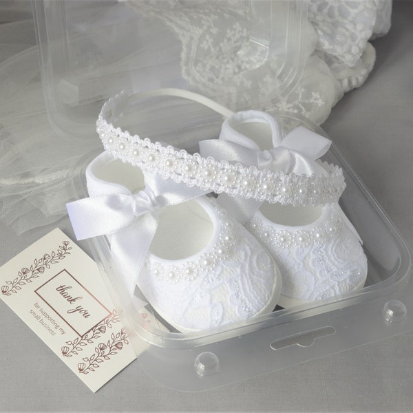 New baby gift newborn baby shoes and headband set for baby shower, christening, baptism, wedding pearl hair band for little flower girl