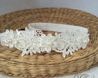 Baby lace tiara, hair band for baptism, christening, beige, off white lace and pearl headband, wedding headpiece for flower girl, newborn