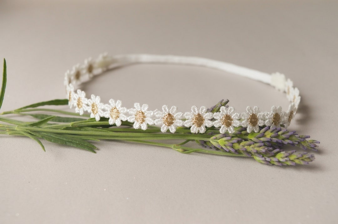 Baby Tiara Hair Band for Baptism, Christening Lace off White and Golden